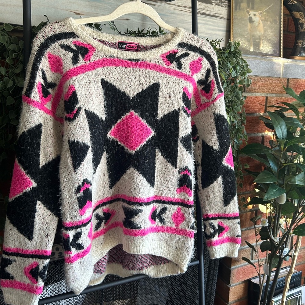 Say What? Women's Sweater with Pink and Black Patterns